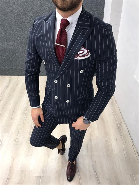 blue pinstripe double breasted suit.